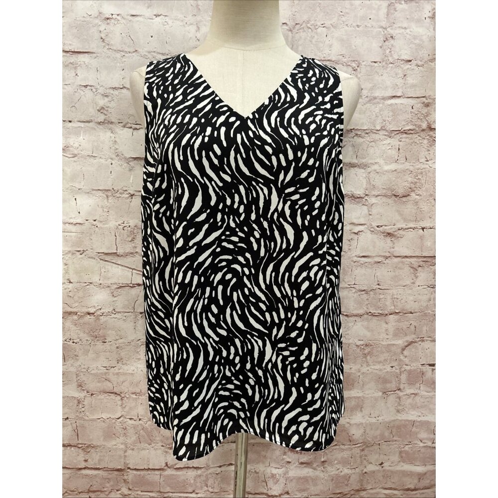 Nine West Black White Abstract Print Sleeveless V- Neck Blouse Size XS NEW